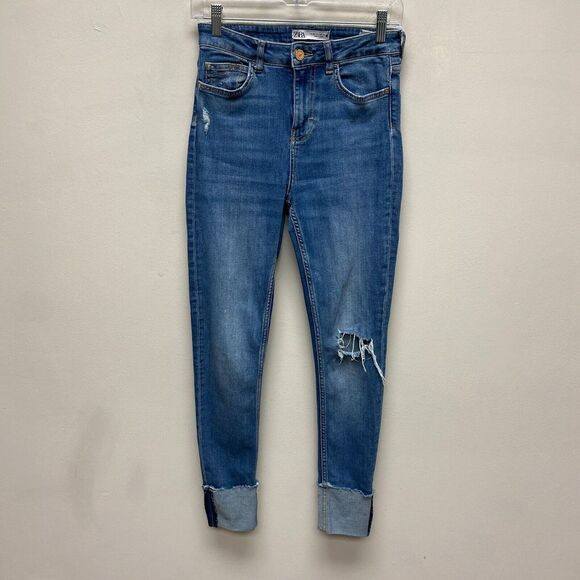 Zara Womens Blue High Rise Ripped Cuff Cut Off Skinny Medium Wash Denim Jeans 4 - Picture 1 of 10